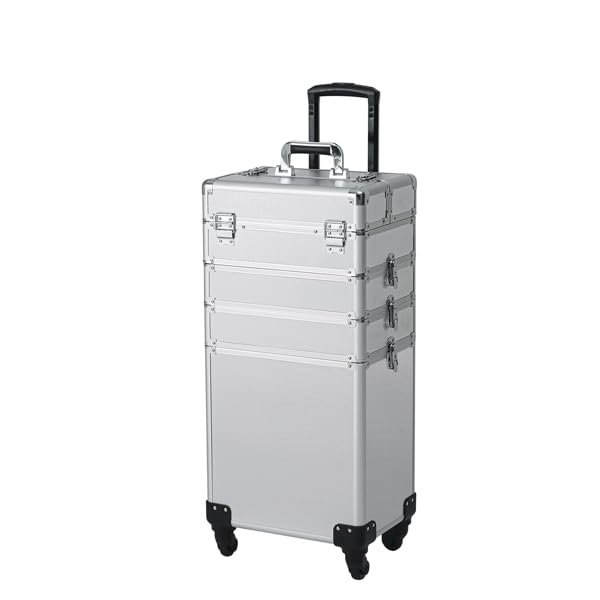 4-in-1 Draw-bar Style Interchangeable Aluminum Rolling Makeup Case (Silver)