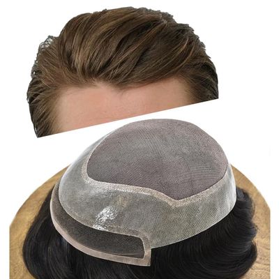 Lace Front Mens Toupee Hair System For Men Hair Replacement Durable Mono Poly Skin Toupee For Men European Human Hair Pieces Natural Hairline #5 Med-light Brown-110% Light to Medium Density 8"x10"