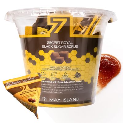 MAY ISLAND 7 Days Secret Royal Black Sugar Scrub - Korean Exfoliating Treatment with Black Sugar & Royal Jelly - Gentle Facial Scrub for Smooth, Nourished Skin - Single-Use Pouches, 0.17oz. x 12 Pack