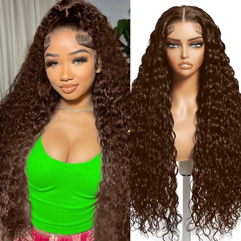 26 Inch Chocolate Brown Deep Wave Lace Front Wigs Human Hair 220 Density 4# 13x4 HD Lace Frontal Wigs Curly Human Hair Brown Glueless Wig For Women Pre Plucked with Natural Hairline