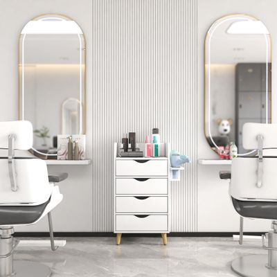 4 Layer Salon Storage Cabinet,Beauty Barber Salon Styling Station Organizer Equipment,Hair Stylist Station Set with 2 Hair Dryer Holders,4 Drawers and Raised Table Legs