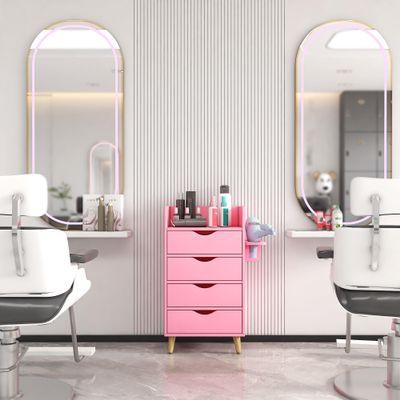4 Layer Salon Storage Cabinet,Beauty Barber Salon Styling Station Organizer Equipment,Hair Stylist Station Set with 2 Hair Dryer Holders,4 Drawers and Raised Table Legs