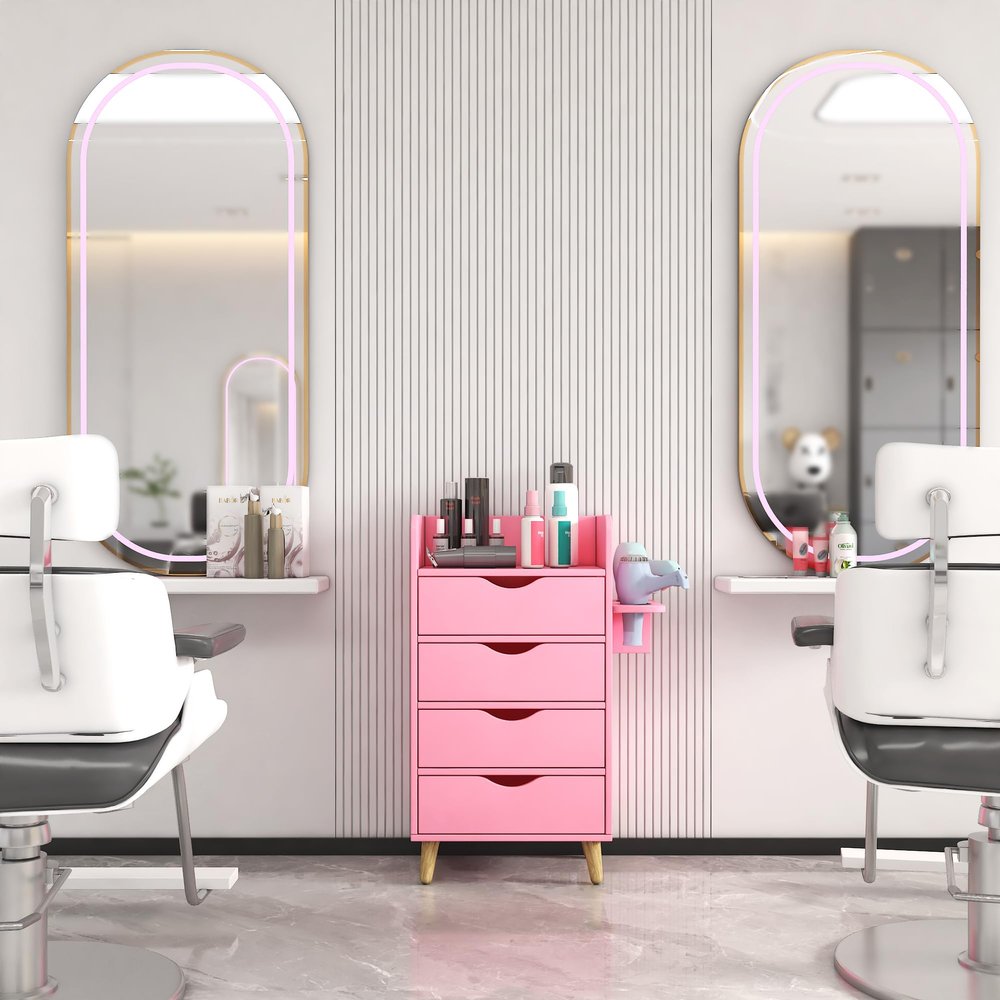 4 Layer Salon Storage Cabinet,Beauty Barber Salon Styling Station Organizer Equipment,Hair Stylist Station Set with 2 Hair Dryer Holders,4 Drawers and Raised Table Legs