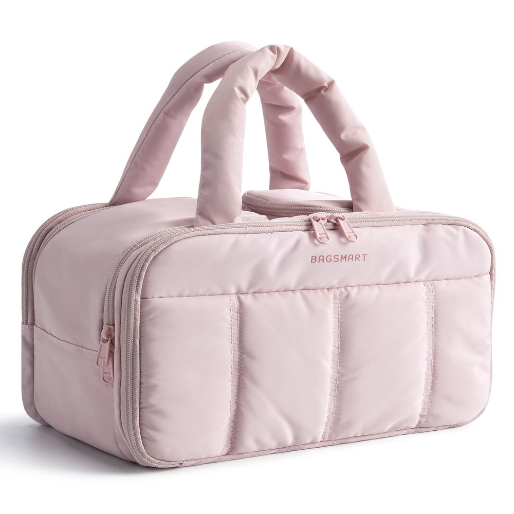 BAGSMART Travel Toiletry Bag, Puffy Large Toiletry Bag for Women, Lightweight Cosmetic Makeup Bag Organizer with Handle for Traveling, Accessories, Essentials, Toiletries (Pink)