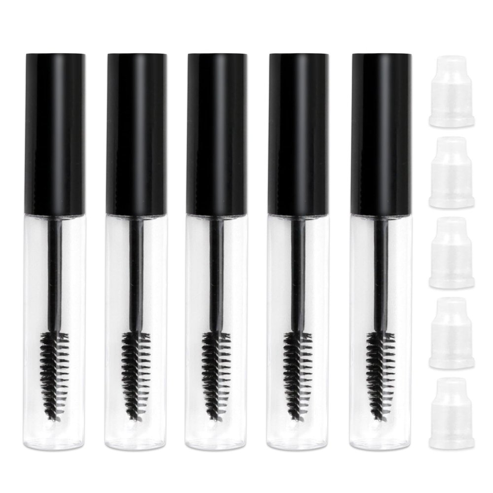 10ml Refillable Mascara Wand Tubes Set of 5  Eyelash Cream & Eyeliner Containers with 5 Rubber Inserts, Clear Round Cosmetic Bottles
