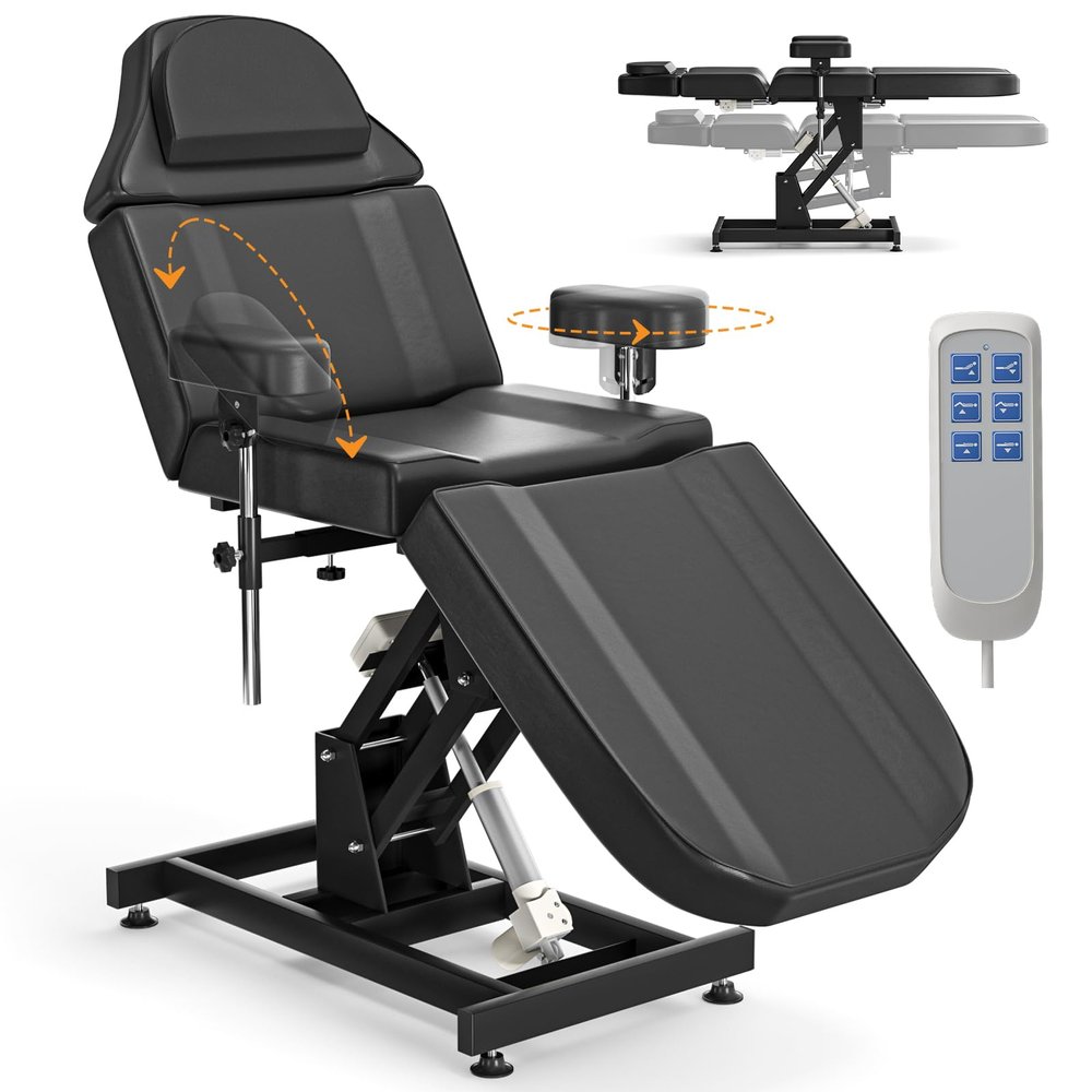 DeerDean Fully Electric Tattoo Chair Bed for Client with 3 Motor & Adjustable Armrests Black Facial Beds for Esthetician for spa