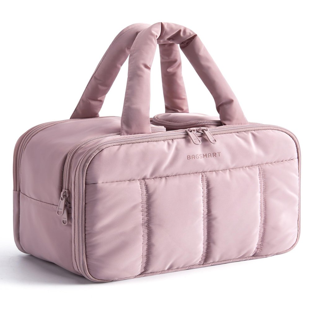 BAGSMART Travel Toiletry Bag, Puffy Large Toiletry Bag for Women, Lightweight Cosmetic Makeup Bag Organizer with Handle for Traveling, Accessories, Essentials, Toiletries (Purple)