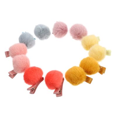 12Pcs Pom Fur Hair Clips Fluffy Ball Barrettes Mixed Colors Hair Accessories for Girls