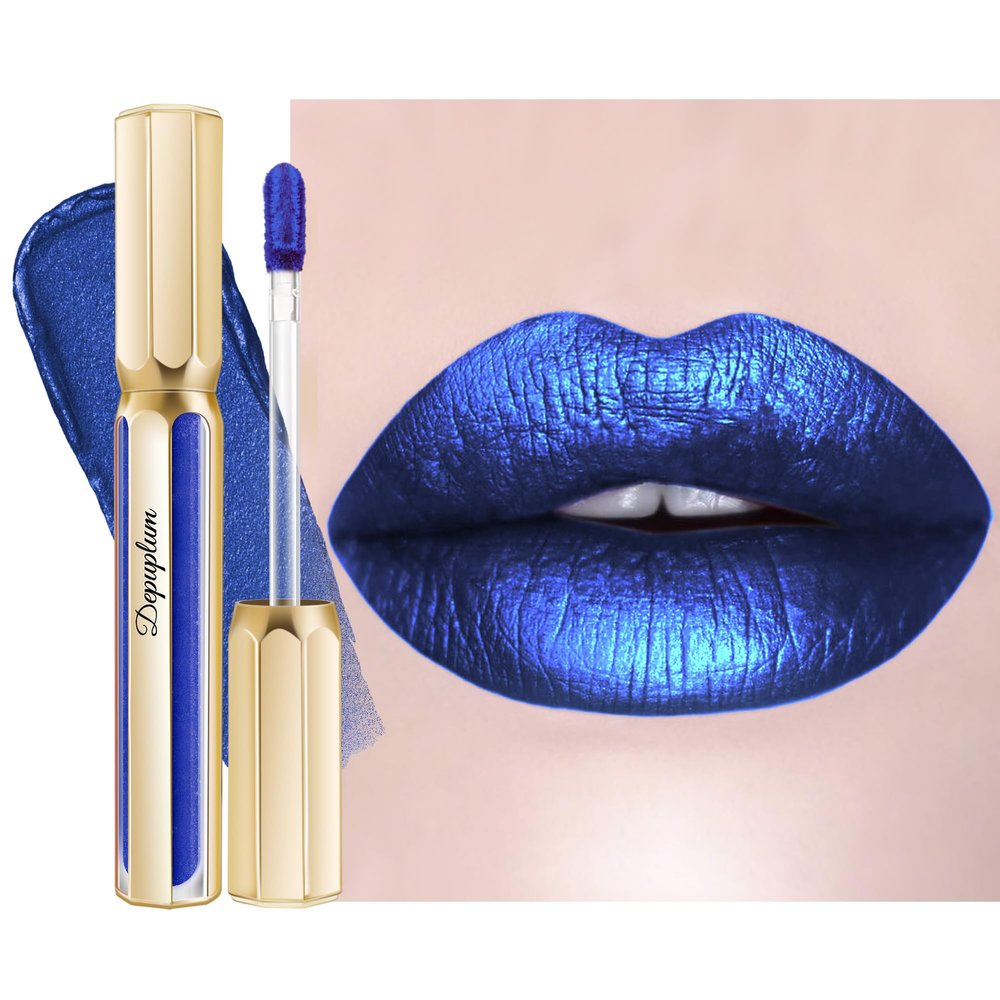 Depuplum Blue Lipsticks for Women Metallic Lipstick Long Lasting Non Stick Cup Lip Gloss, Shimmer Lightweight Hydrating Full Coverage Lip Color, DP118 R&B
