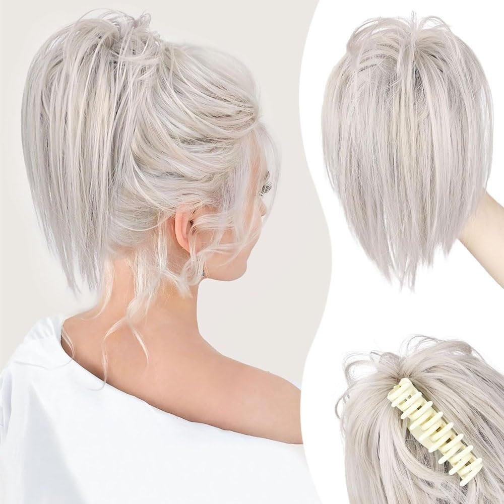 hair bun, Messy Bun Hair Clip - Tousled Updo Extensions with Claw Clip(White)
