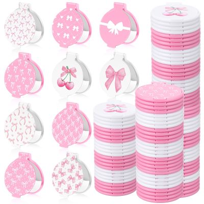 100 Pcs Pink Bow Compact Mirror Bulk 2.8' Pink Mini Gift Coquette Party Favor Makeup Preppy Supply for Purse Travel Folding Pocket Small Mirror Bridal Baby Shower Quinceaera Christmas Gift for Women