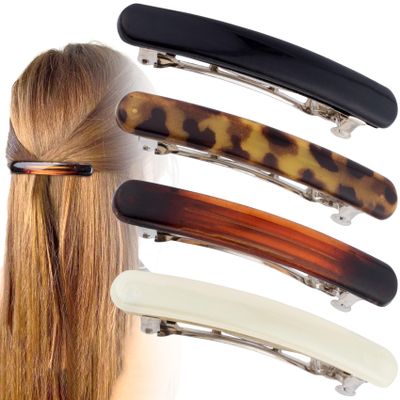 BEIQIYA 4pcs French Hair Barrette, Oval Flat Tortoise Shell Hair Clips, Non-Slip Vintage Long Short Straight Curly Hairpin Accessories for Women- Black & White & Amber & Leopard Color