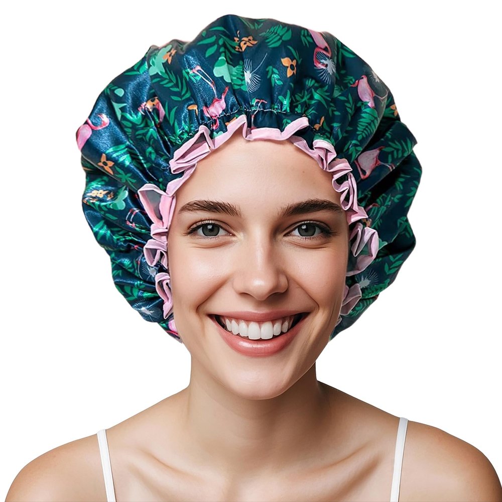TOPTIE Shower Hair Caps Reusable and Elastic Band Shower Bonnets Double Layers Large Size Hair Caps for Women-Flamingo