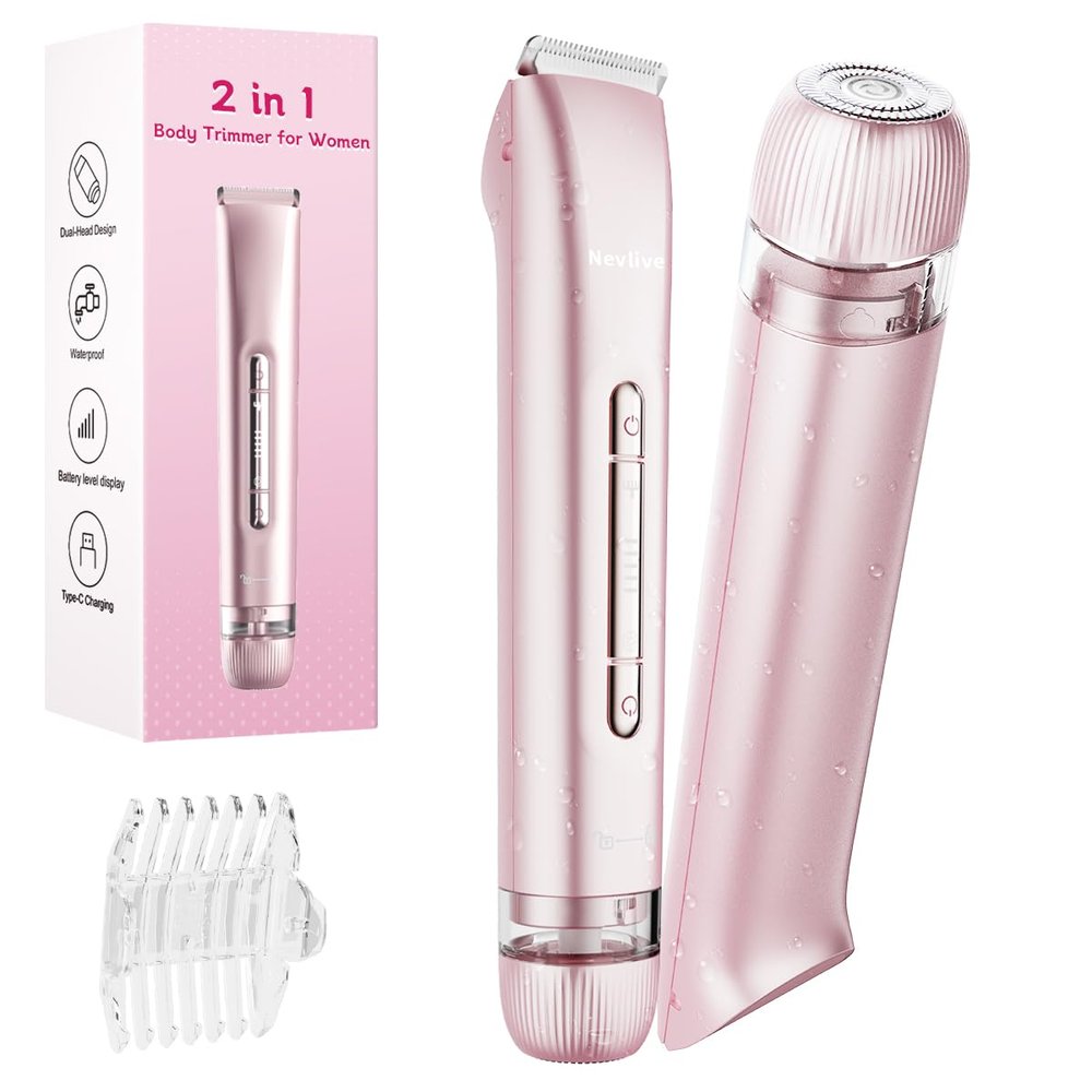 Bikini Trimmer for Women, 2-in-1 Electric Shaver for Bikini Line & Sensitive Areas, Dual Head Womens Razor, IPX7 Waterproof Wet/Dry, USB-C Rechargeable