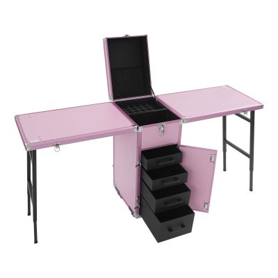 GDAE10 Rolling Makeup Train Case,with 4 Drawers and 2 Foldable Tabletops,Lockable Manicure Table Cosmetic Case,Portable Nail Table,for Makeup Artist (Pink)