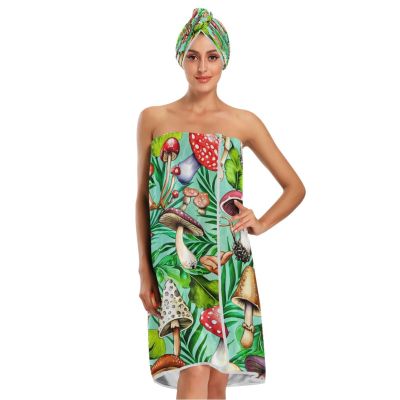 Bulletgxll Vibrant Mushrooms Women's Shower Wrap Towel Set of 3 Adjustable Spa Body Wrap Super Absorbent Bathrobe with Hair Towel & Headband