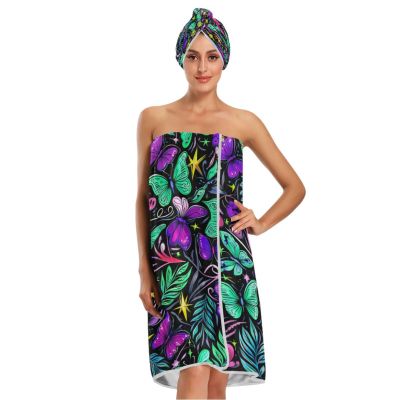 Bulletgxll Butterflies and Leaves Women's Shower Wrap Towel Set of 3 Adjustable Spa Body Wrap Super Absorbent Bathrobe with Hair Towel & Headband