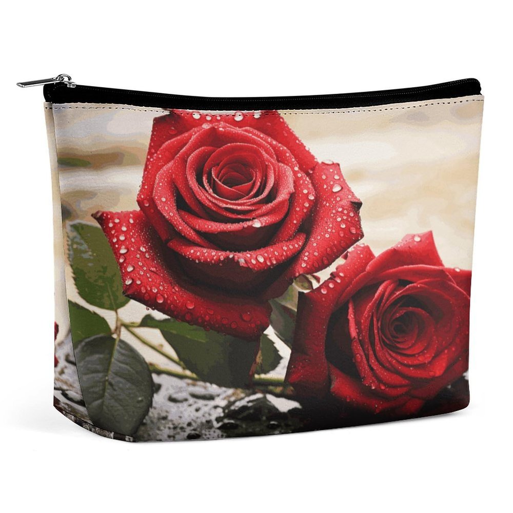 LLUTSNTH Makeup Bags Large Capacity Cosmetic Bags for Women Red Rose Flowers Open Flat Toiletry Bag Waterproof Makeup Pouch Portable Cosmetic Organizer Makeups Train for Travel Gift