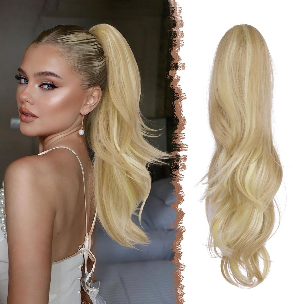 FESHFEN Drawstring Ponytail Extension, Natural Long Wavy Layered Synthetic Pony Tails Dirty Blonde Hair Extensions Hairpieces for Women, 20 inch