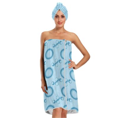Bulletgxll Blue Spheres Women's Shower Wrap Towel Set of 3 Adjustable Spa Body Wrap Super Absorbent Bathrobe with Hair Towel & Headband