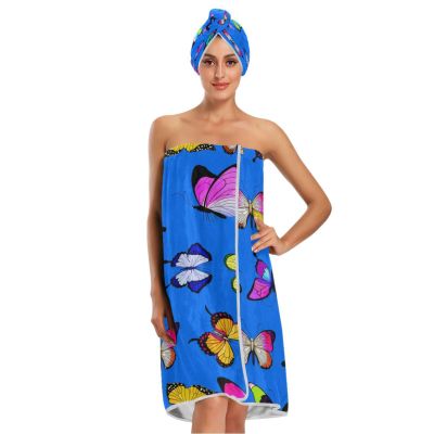 Bulletgxll Colorful Butterflies Women's Shower Wrap Towel Set of 3 Adjustable Spa Body Wrap Super Absorbent Bathrobe with Hair Towel & Headband