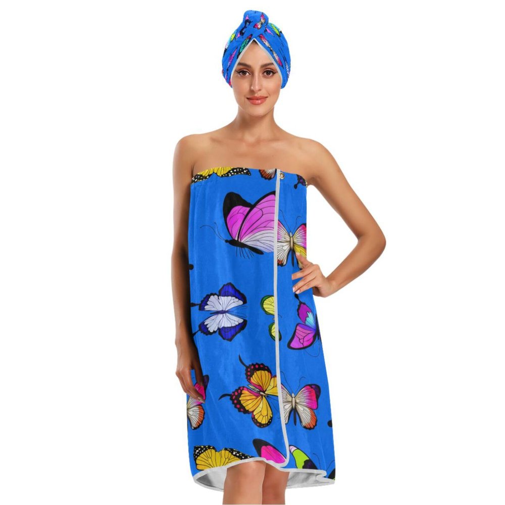 Bulletgxll Colorful Butterflies Women's Shower Wrap Towel Set of 3 Adjustable Spa Body Wrap Super Absorbent Bathrobe with Hair Towel & Headband