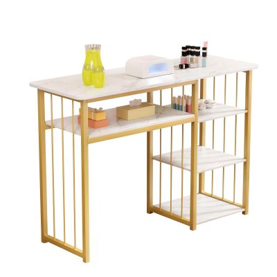 Masiunoz Marble Texture Nail Table with 3 Tiers Open Shelves with Gold Frame, Table Top 39.37" x 15.75" H 29.92", Easy to Assemble, Suitable for Nail Tool Storage and Workbench White