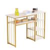 Masiunoz Marble Texture Nail Table with 3 Tiers Open Shelves with Gold Frame, Table Top 39.37" x 15.75" H 29.92", Easy to Assemble, Suitable for Nail Tool Storage and Workbench White view 1