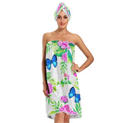 Bulletgxll Watercolor Flowers Women's Shower Wrap Towel Set of 3 Adjustable Spa Body Wrap Super Absorbent Bathrobe with Hair Towel & Headband