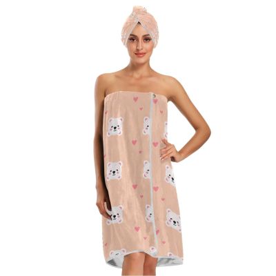Bulletgxll Cartoon Bears Women's Shower Wrap Towel Set of 3 Adjustable Spa Body Wrap Super Absorbent Bathrobe with Hair Towel & Headband