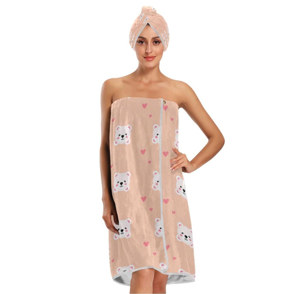 Bulletgxll Cartoon Bears Women's Shower Wrap Towel Set of 3 Adjustable Spa Body Wrap Super Absorbent Bathrobe with Hair Towel & Headband