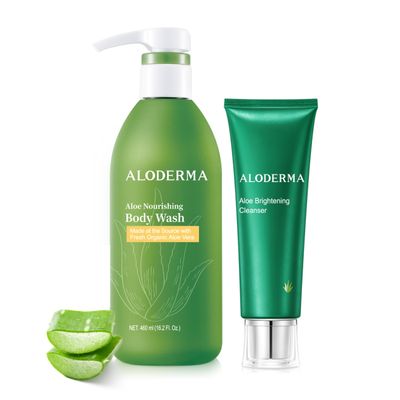 Aloderma Aloe Shower Set - Nourishing Body Wash, Brightening Facial Cleanser - Hydrating, Moisturizing