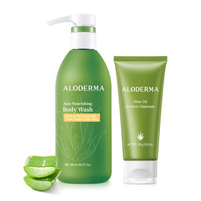 Aloderma Aloe Shower Set - Nourishing Body Wash, Oil Controlling Facial Cleanser - Hydrating, Light, Moisturizing