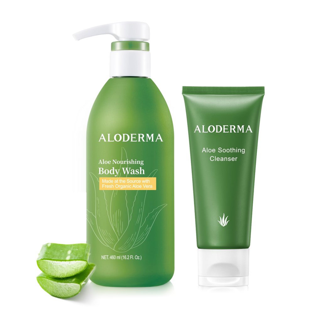 Aloderma Aloe Shower Set - Nourishing Body Wash, Soothing Facial Cleanser - Hydrating, Soothing, Moisturizing