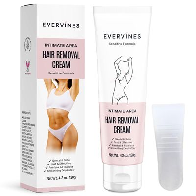 Evervines Hair Removal Cream for Women: Bikini Pubic & Intimate Areas Legs Arms Underarms - Fast Gentle Painless Depilatory with Scraper for Sensitive Skin at Home or Travel (4.2oz)