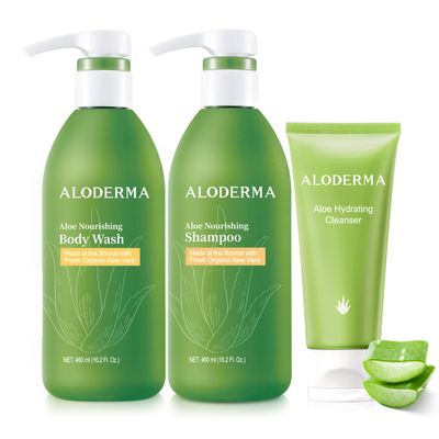Aloderma Aloe Shower Set - Nourishing Body Wash, Nourishing Shampoo, Hydrating Facial Cleanser - Hydrating, Moisturizing
