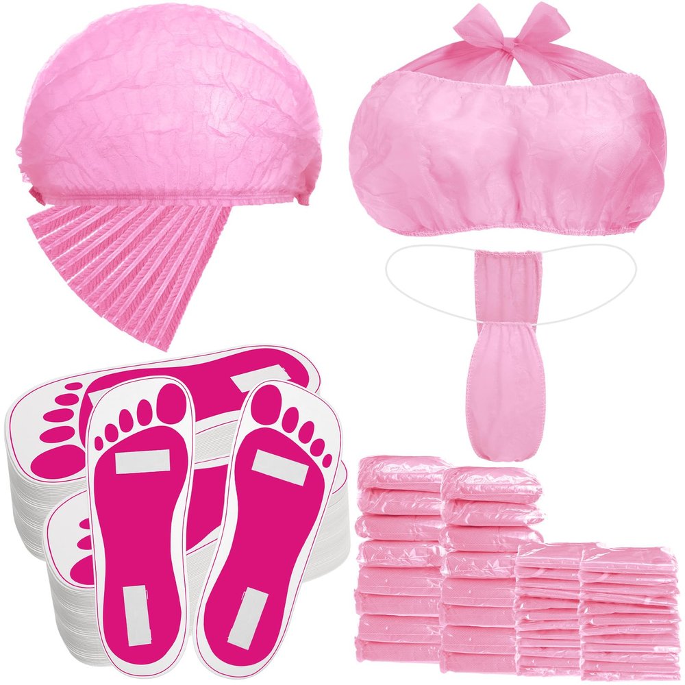 Chicingyou 96 Pcs Spray Tanning Supplies Included Spray Tan Feet Pads Hair Nets Disposable Bra Underwear Caps Kit for Sunless Tan Self Tanning at Home or Salon Accessories (Pink)