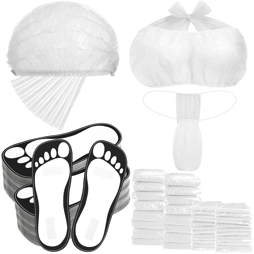 Chicingyou 96 Pcs Spray Tanning Supplies Included Spray Tan Feet Pads Hair Nets Disposable Bra Underwear Caps Kit for Sunless Tan Self Tanning at Home or Salon Accessories (White)