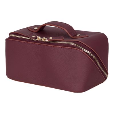 Nine Case Genuine Leather Makeup Bag for Women & Men Water-Resistant Travel Toiletry Dopp Kit with Handle Spacious Cosmetic Organizer 9.8 x 4.7 x 4.7 inches (Maroon)