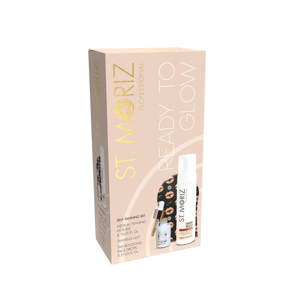 St Moriz Ready to Glow Self-Tan Gift Set  Medium Tanning Mousse, Face Drops & Velvet Mitt  Self Tanner Kit for Face & Body, Vegan, Streak-Free, Fast-Drying, Easy to Apply