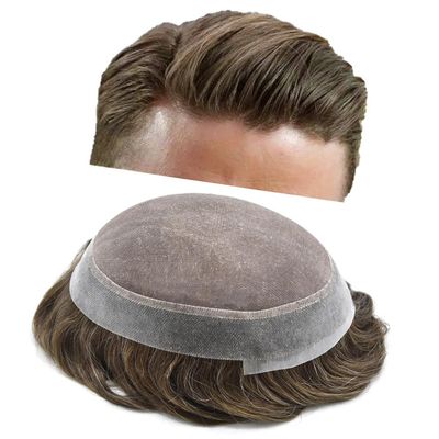 LYRICAL HAIR Toupee for Men Hair System Replacement Monofilament Mens Toupee Fine Mono Clear Poly Skin Mens Human Hair Piece 6"X9" #410 Medium Brown+10% Gray-110% Light to Medium Density