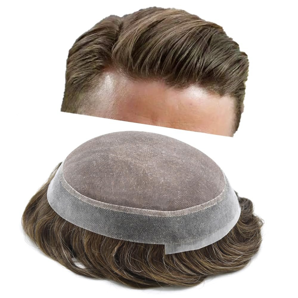 LYRICAL HAIR Toupee for Men Hair System Replacement Monofilament Mens Toupee Fine Mono Clear Poly Skin Mens Human Hair Piece 6"X9" #410 Medium Brown+10% Gray-110% Light to Medium Density