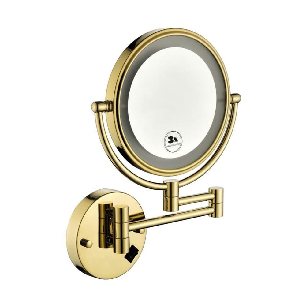 8 Inch LED Wall Mount Two Sided Magnifying Makeup Vanity Mirror 12 Inch Extension Gold 1X,3X Magnification Plug 360 Degree Rotation Waterproof Button Shaving Mirror