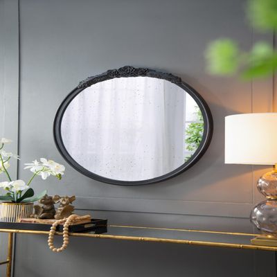 30"x30" Round Hand Carved Rose Antique Mirror e, Wall Mirror for Live Space, Bathroom, Entryway Wall Dcor(Black)