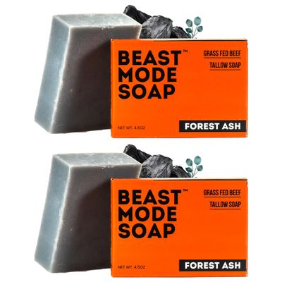 Beast Mode Soap for Men, Forest Ash, 2-Bar Pack Activated Charcoal & Crisp Eucalyptus Bar Soap, Grass-Fed Tallow, Handcrafted, Non-Toxic