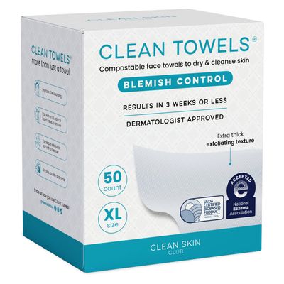 Clean Skin Club Blemish Control Clean Towels XL, Compostable Face Towels, Light Exfoliation for Oily Skin, Eczema Association Accepted Disposable Face Towelette, Makeup Remover Dry Wipes, 50 count