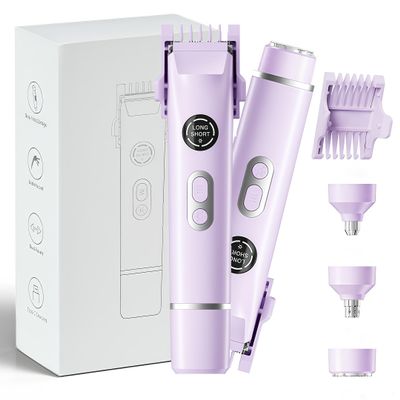 4 in 1 Bikini Trimmer for Women, Upgrade Dual Head Electric Painless Razor, IPX7 Waterproof Wet & Dry Use Electric Razor with Led Light and Display for Nose, Eyebrow, Bikini, Body (Purple)
