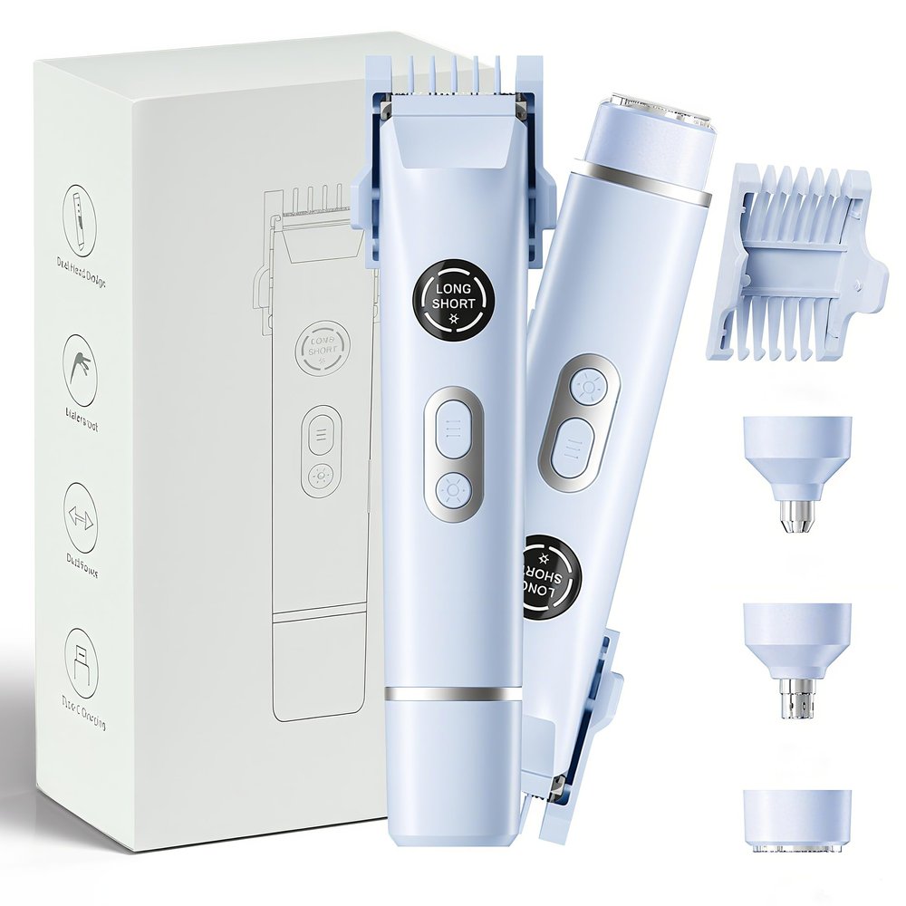 4 in 1 Bikini Trimmer for Women, Upgrade Dual Head Electric Painless Razor, IPX7 Waterproof Wet & Dry Use Electric Razor with Led Light and Display for Nose, Eyebrow, Bikini, Body (Blue)