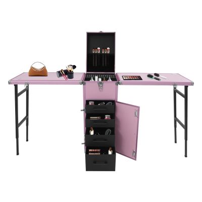 Cbhfmljd Nail Table Desk, Foldable Rolling Nail Case Manicure Table 2 Desktop Cosmetic Case Makeup Train Case Nail Table for Nail Tech Cosmetic Trolley Travel Storage Organizer with Wheels (Pink)