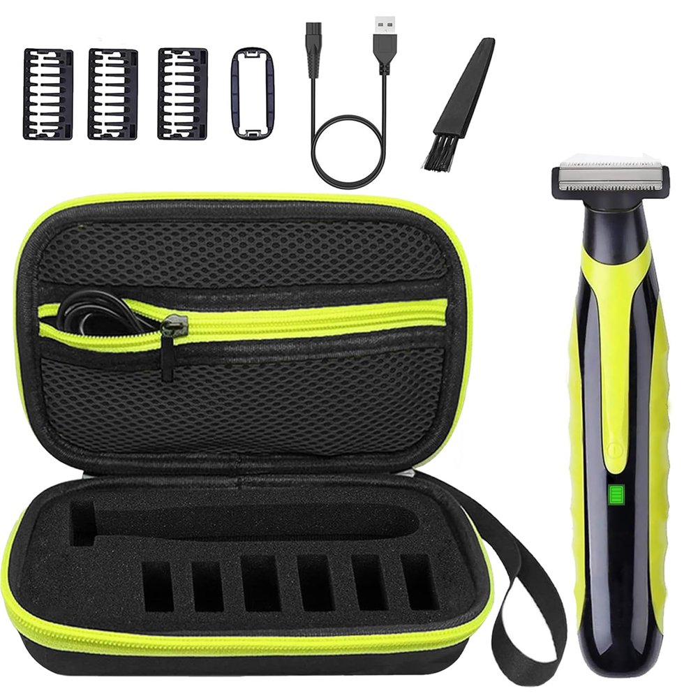 LinMei Mens Electric Shaver Full Body Wet & Dry Shaver, USB-C Fast Charging, IPX5 Waterproof, Cordless Razor for Face, Head, Body Includes Beard Trimmer Attachment (Trimmer+Black-Green Travel Box)
